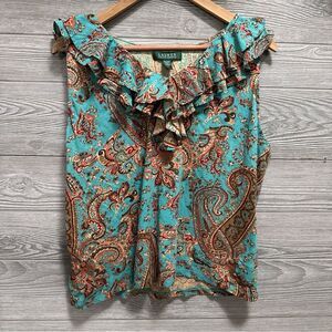 Lauren Ralph Lauren Sleeveless Paisley Ruffle Top Women's Plus 2X Knit Career